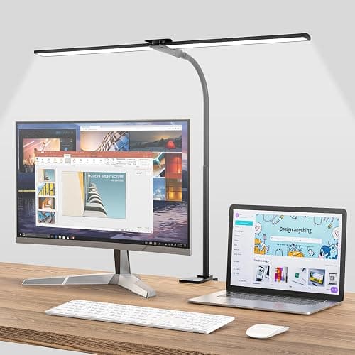 LED Desk Lamp for Home Office, Bright Double Head Desk Lamp with Clamp, Dimmable 5 Color Modes Desk Lighting, 12W Eye-Caring Architect Table Lamp for Workbench, Monitor, Reading, Study, 1400lm - Image 1