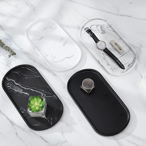 Luxspire Vanity Tray, Toilet Tank Oval Storage Tray, Resin Soap Tray, Bathroom Countertop Organization, Vanity Organizer for Candles, Soap, Towel, Plant, Medium, 11.4 Inch, Marble White thumbnail 2