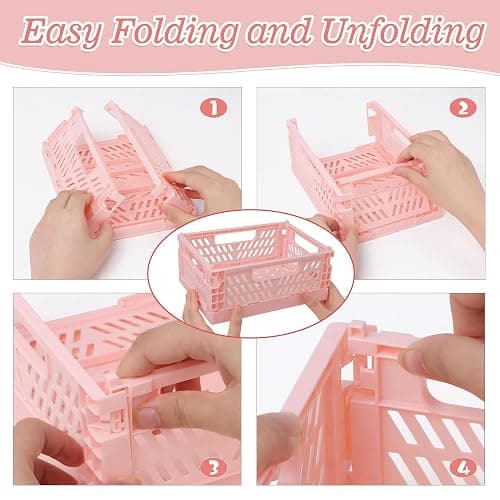4-Pack Pink Baskets Plastic Storage Crate Small Baskets for Organizing Collapsible Storage Crates for Desk Organizers,Stackable Cute Storage Bins for Classroom,Office,Bathroom 5.9"x 3.9" x 2.3" thumbnail 4