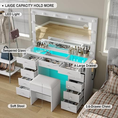 CollaredEagle Makeup Vanity Desk with RGB Lights, 47.2'' Mirror, 11 Drawers | RGB Lights, 47.2'' Mirror, 11 Drawers, 3 Light Colors, 5 Brightness Levels, Charging Station, White thumbnail 6