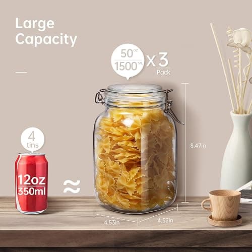 HomArtist Square Glass Jars with Airtight Lid Set of 3, 50 floz Wide Mouth Mason Jars with Clamp Lids,Glass Sealed Jars with Air Tight Lids, Best for Kitchen & Pantry Food Storage thumbnail 3