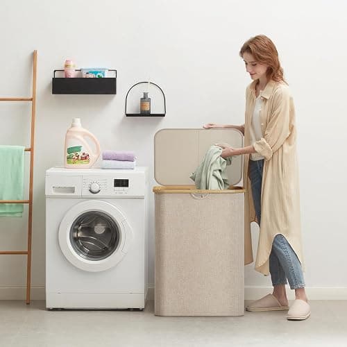 Lifewit 150L Laundry Basket with Lid, Clothes Hampers for Laundry with Bamboo Handles and 2 Removable Bag, Large Foldable Laundry Hamper for Bedroom, Bathroom, Dorm, Laundry Room, Beige thumbnail 2