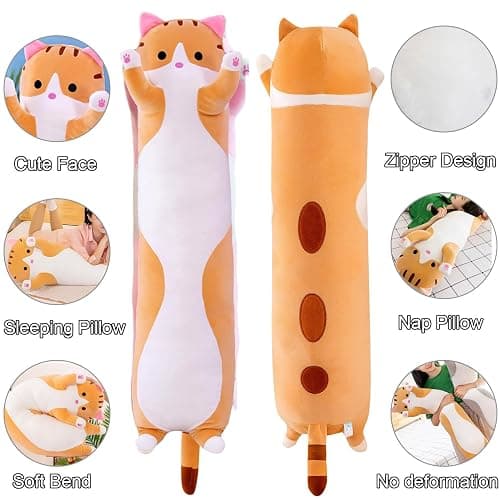 Giant Cat Pillow Plush Cartoon Kitty Sleeping Hugging Pillow, Cuddly Soft Long Kitten Body Pillow Doll Cat Cushion Toy for Kids Girlfriend (Yellow, 90cm/35.4inch) - Image 1