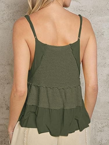 VNIRA Womens Sleeveless Peplum Spaghetti Strap Babydoll V Neck Ruffle Loose Fit Waffle Knit Crop Boho Tank Tops thumbnail 4