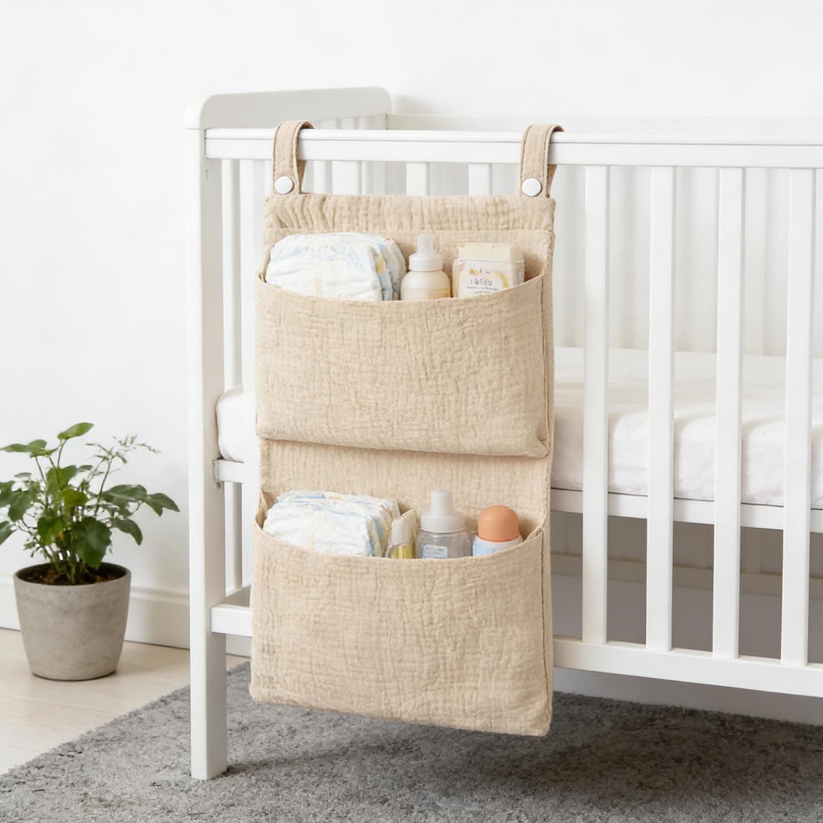 1-Pack Baby Crib Organizer, Hanging Storage Bag, Diaper Caddy, Attach to Crib Side for Diapers, Toys, Clothing, Khaki Color thumbnail 3