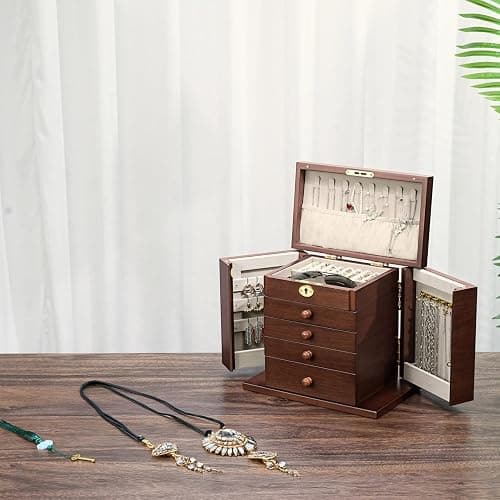 Artisticbox wooden Jewelry Box and Organizer - 8-Layer Lockable Wooden Jewelry Boxes for Women - Large Jewelry Boxes and Organizer with Key,Gift for Wife,dresser top jewelry box with lock thumbnail 7