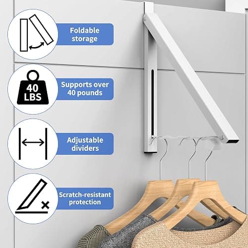 Hleelomi Over The Door Drying Racks for Laundry, Expandable Foldaway Clothes Rail, Suitable for Doors in Bedrooms, Dorms, and Bathrooms, White 2 Rack and A Rod thumbnail 3