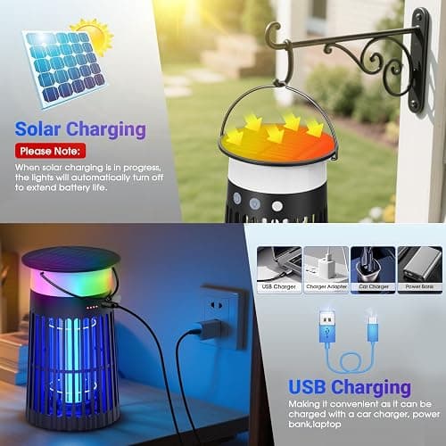Solar Bug Zapper Outdoor, Portable Electric Mosquito Killer with Panel Sensor, Rechargeable Insect Trap with LED Night Light and Flame Effect, Ideal for Outside Patio, Backyard, and Camping (1 Pack) - Modern thumbnail 2