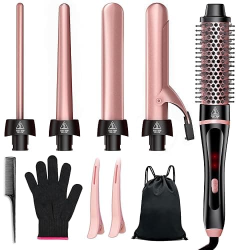5 in 1 Curling Iron & Thermal Brush Set with 4 Interchangeable Ceramic Barrels (0.35”-1.25”) Fast Heat Dual Voltage Travel Hair Tools Birthday Gift for Women - Hair Curler Wand Kit for Curls & Blowout - Image 1
