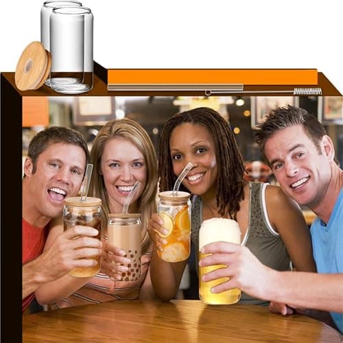 4-Pack 16oz Can Shaped Glass Cups Set, Drinking Glasses with Bamboo Lids and Glass Straw, Beer Glasses, Iced Coffee Glasses, Clear Cute Tumbler Cup, Ideal for Cocktail, Coke, Soda(2 Cleaning Brushes) thumbnail 7