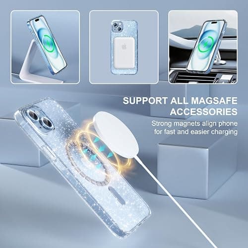 Choiche Compatible for iPhone 15 Case Magnetic, Women Clear Glitter Bling Sparkly Case, [2xDiamond Camera Lens Protectors] [2xTempered Glass Screen Protectors] [Compatible MagSafe] (Glitter Blue) thumbnail 7