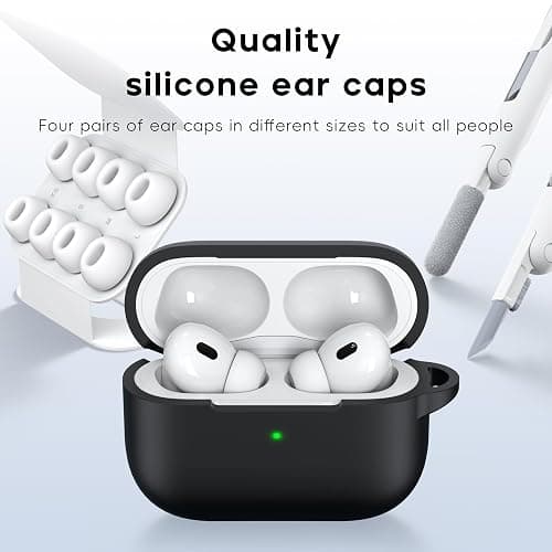 RFUNGUANGO Custodia compatibile con AirPods Pro di seconda generazione (2023/2022/2019), Custodia protettiva in morbido silicone per AirPods Pro con kit di pulizia e gommini auricolari, Nero thumbnail 2