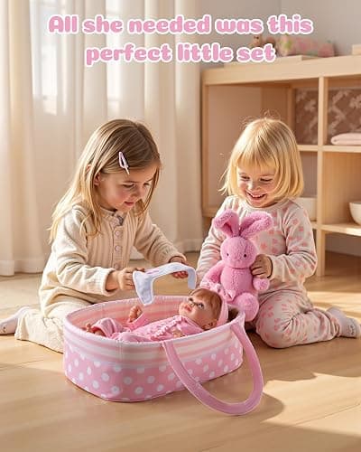 BABESIDE 8 Pcs Baby Doll Accessories, Reborn Baby Dolls Clothes with Bassinet for 17-22 Inch Babydolls, Outfit fit Newborn Babies Dolls Girl, Babies Pretend Play Set (Not Doll) thumbnail 6