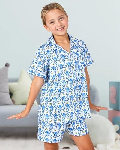 Zelbuck Girls Summer Outfit, Kids 2 Piece Button Down Monkey Beach Shorts Set Ugly Animal Y2k Preppy Loungewear Pjs - Light Blue - 10-11 Years thumbnail 2