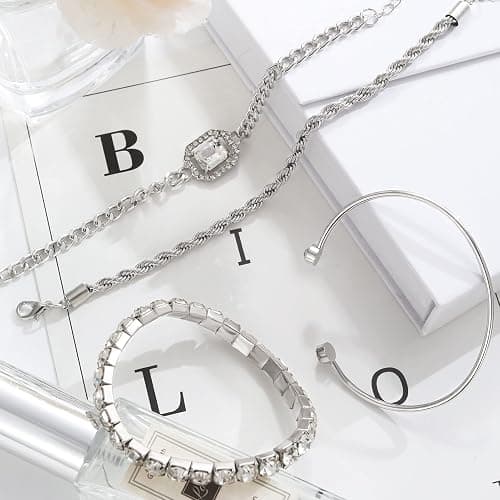 4 Pcs Dainty Gold Silver Bracelets Set for Women 14K Plated Link Cubic Zirconia Paperclip Stake Layering Chain Adjustable Trendy Hand Jewelry thumbnail 6