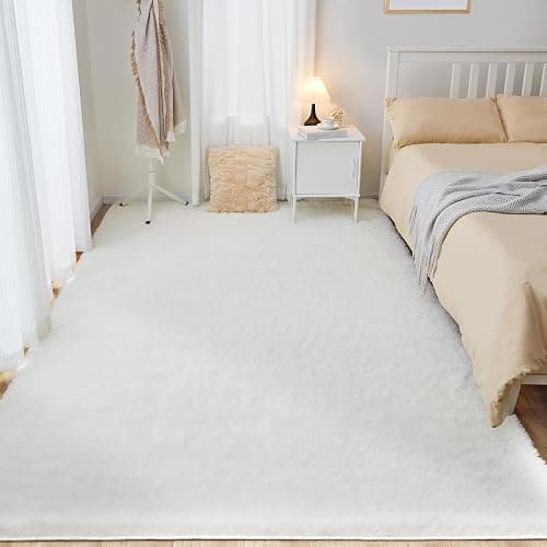 Area Rugs for Living Room, 4x6 Ft Washable Bedroom Rug, Plush Fluffy Carpet, Modern Non-Slip Rug for Nursery College Dorm Kids Room Home Decor Aesthetic, Solid White thumbnail 7