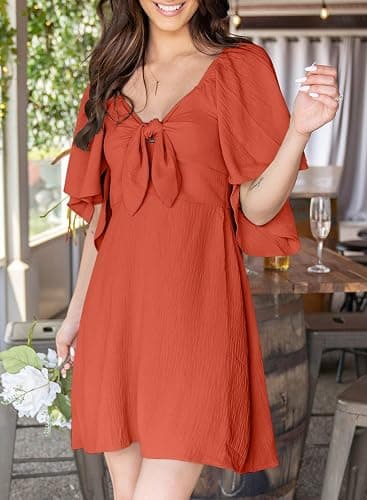 Dokotoo Womens Dresses 2026 Deep V Neck Elegant Bow tie Mini Dress S-XL | 2026 Summer Fall,Short Sleeve,V Neck,Graduation Party Dress,Elegant,Flowy Beach Vacation Wear,Casual Dress thumbnail 2
