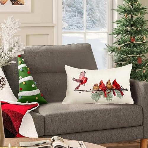 RABUSOFA Christmas Pillow Covers 12x20 Inch,Christmas Decorations Throw Pillow Covers Cardinal Birds Holiday Xmas Decor Cushion Covers for Sofa Home Couch Outdoor Winter Decor Red(18-12) thumbnail 3