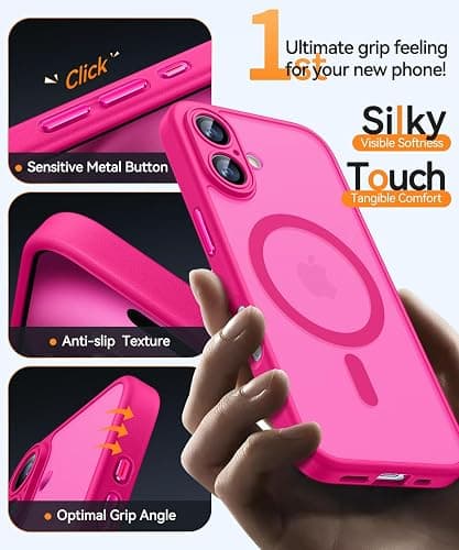 CANSHN Magnetic for iPhone 16 Case, Upgraded [Full Camera Protection] [Compatible with Magsafe] [Translucent Matte] Shockproof Protective Phone Case for iPhone 16 - Hot Pink thumbnail 6