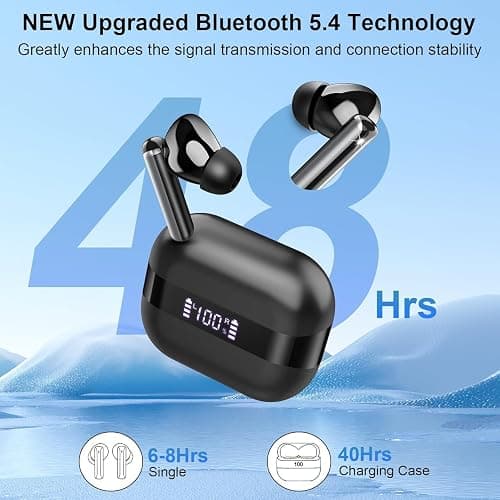 Wireless Earbuds, 2025 Bluetooth 5.4 Headphones Bass Stereo, Ear Buds with 4 Mics ENC Noise Cancelling, Bluetooth Earbuds 48H Playtime LED Display Charging Case, IP7 Waterproof in Ear Earphones Black thumbnail 3