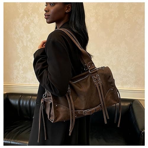Hibilog Women’s Large PU Tote Bag, Retro Shoulder Boston Bag Vintage Accent, Casual Top Handle Fall Purse for Travel Commute thumbnail 2
