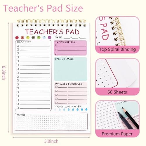 Teacher To Do List Notepad, 8.3x5.8 Inch Teacher Notepad, Spiral Checklist Notebook for Class Schedules, Daily Planner, School Tasks and Goal Setting (Pink) thumbnail 3