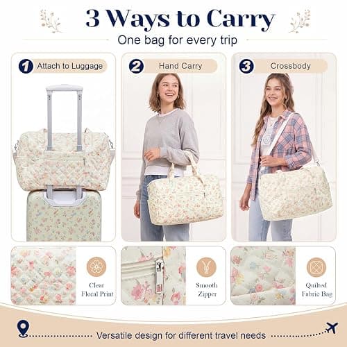 Redbaker 7 Pcs Floral Luggage Set for Women,Beige | 20" Carry Travel Suitcase Quilted Duffel Bag Makeup Bags Neck Cushion & Name Label thumbnail 5