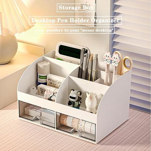 COMFYROOM Desk Organizer with 6 Compartments and 2 Drawers, Plastic Makeup Organizer, Pen Holder for Desktop Storage, Desk Organization for School, Home, Office Supplies (White) thumbnail 4