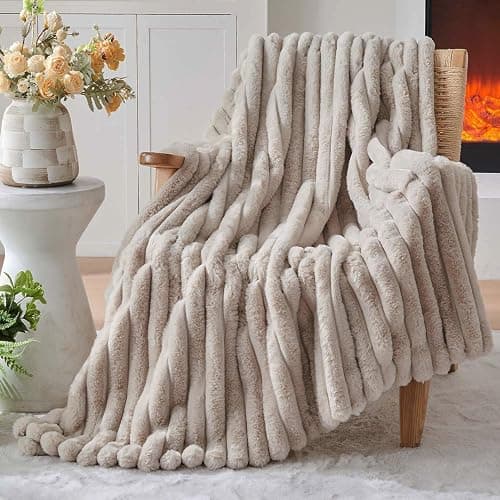 Lotus Karen Faux Fur Throw Blanket - Stripe Faux Rabbit Fur Blanket for Couch, Cozy Soft Fluffy Fuzzy Blanket, Warm Thick Furry Plush Shaggy Small Blankets for Women, Linen,50x60 Inches thumbnail 2