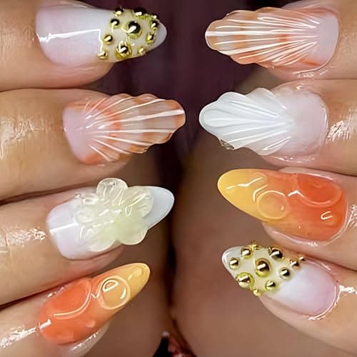 Flower Press on Nails Medium Almond SWEKKE Handmade Fake Nails 3D Orange False Nails with Floral Shell Designs Glossy Glue on Nails Summer Acrylic Nails for Women Girls 24 Pcs - Image 1