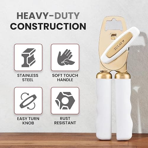 Zulay Kitchen Heavy Duty Stainless Steel Can Opener Manual with Bottle Opener - Rust Proof Manual Can Opener With Turn Knob & Comfy Soft Grip Handles - White & Gold thumbnail 3