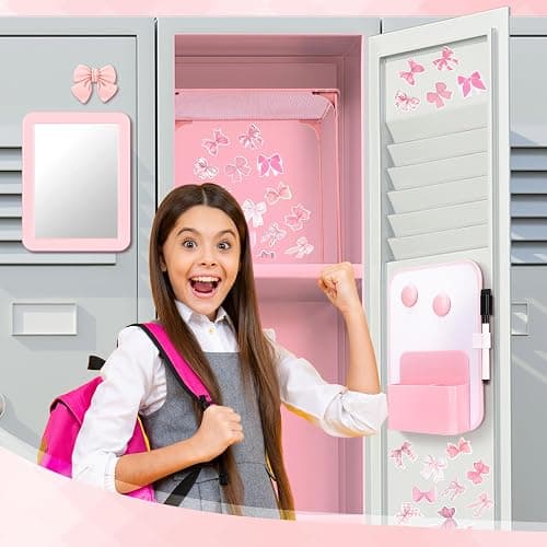 Watersay 115 Pcs Pink Locker Accessories Kit Foldable Locker Shelf Decorations for Girl Pink Bow Pen Holder Magnetic Mirror Coquette Stickers Background Whiteboard Ribbon Back to School Essentials thumbnail 2