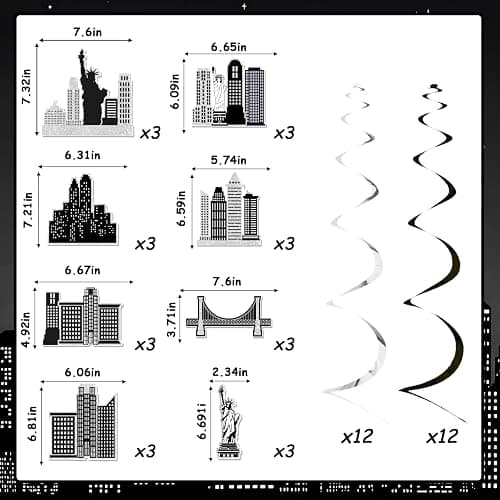 Cheerupp 24 Pcs Black New York City Theme Hanging Swirls Decorations | Black NYC Skyline Design, City Skyline Ceiling Streamers, Black Foil Spiral, Need Assembly, for Birthday Baby Shower Party thumbnail 4