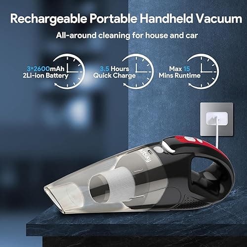 kitsky Handheld Vacuum - Car Vacuum Cleaner Cordless with Powerful Suction, Portable HandHeld Vacuuming Cordless - for Sofas, Mattresses, and Windows (Red(16000PA)) - 16000PA thumbnail 9