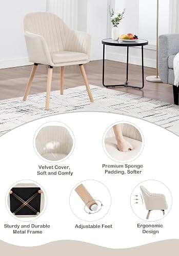 WOLTU Dining Chair, Upholstered Armchair Bedroom Chair, Cream White | Solid Wood Legs, Armrests, Backrest, Padded Seat for Lounge Living Room Reception Bedroom, Velvet thumbnail 5