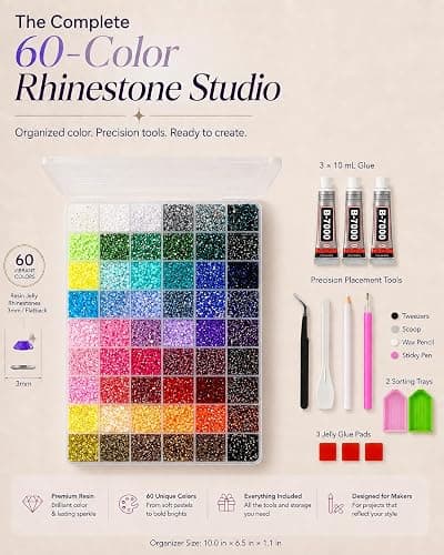 54000Pcs Bedazzling Kit, 60 Colors, 3mm AB Resin Jelly Rhinestones | Flatback gems with 3 B-7000 Glue Tubes, 60-Compartment Box, Tweezers and Trays for Tumblers, Phone Cases and DIY Crafts. thumbnail 2