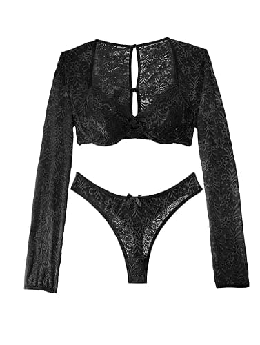 Lilosy Sexy Long Sleeve Floral Lace Underwire Lingerie Set thumbnail 4