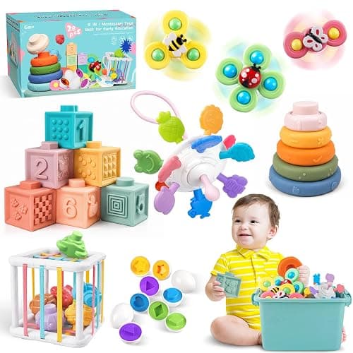 Plunack Montessori Baby Toys 6 in 1 Sensory Developmental Learning Set | Stacking Blocks, Rings, Pull String, Suction Cup Spinner, Matching Eggs & Sensory Bin, BPA-Free, Infant Developmental Skills - Image 1