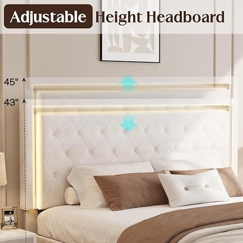 YUMPIE Full Bed Frame LED Lights Headboard, Velvet Upholstered, Cream | Adjustable Headboard built-in Chic Acrylic, Footboard, No Box Spring Needed, Solid Wood Slats, Noise-Free, Easy Assembly thumbnail 5