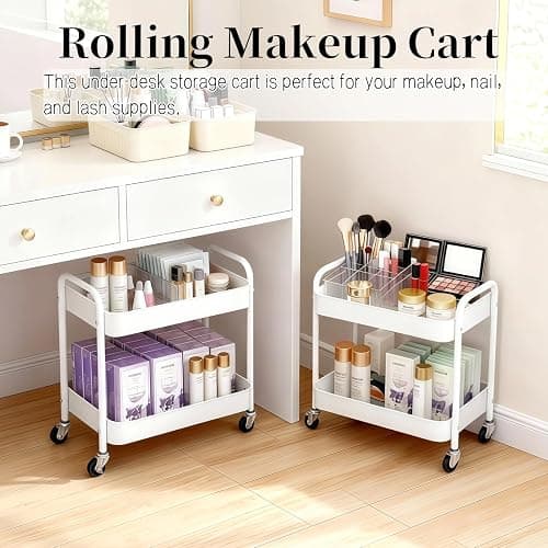LIWNYRK 2 Tier Metal Rolling Cart with Wheels for Under Desk Storage & Pantry Storage, High Load-Bearing Kitchen Utility Cart for Small Space, Laundry Room Organization Side Table with 4 Hooks, White thumbnail 4