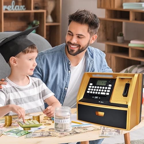 ATM Savings Bank with Debit Card, Electronic Piggy Bank for Real Money, Coin Recognition, Targets Setting, Password Login, Voice Prompt, Great Gift for Boys Girls (Golden/Black) thumbnail 2