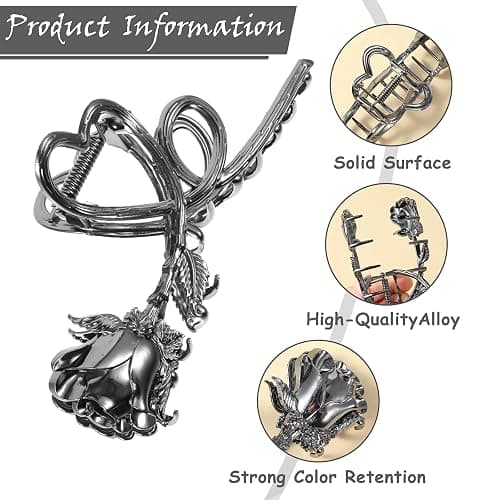 Mabor Flower Hair Claw Clips Black Rose Hair Clips Large Heart Hair Jaw Clips Metal Hair Claws for Women Girls Goth Hair Accessories Strong Hold Vintage Hair Clamps thumbnail 3