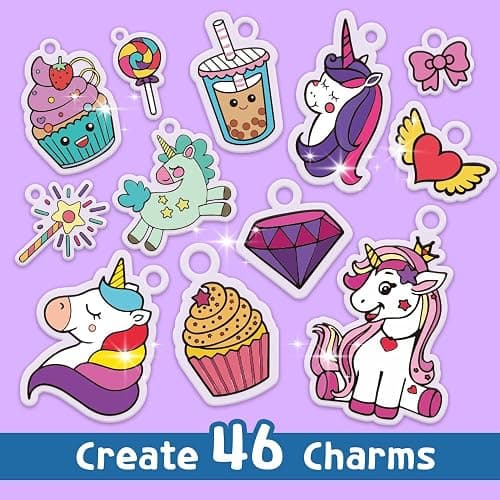 89PC DIY Unicorn Shrink Plastic Art Kit - 46 Pre-Cut Shapes, 12 Markers & Accessories - Make Charms, Keychains & Tags - No-Mess Craft for Kids - Birthday Gift with Shrinky Plastic Sheets thumbnail 2