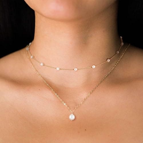 Gold Pearl Necklace for Women, 14K Gold Plated Layered Pearl Necklaces for Women Trendy Simple Herringbone Chain Pearl Necklace for Women Gold Jewelry Gifts thumbnail 3