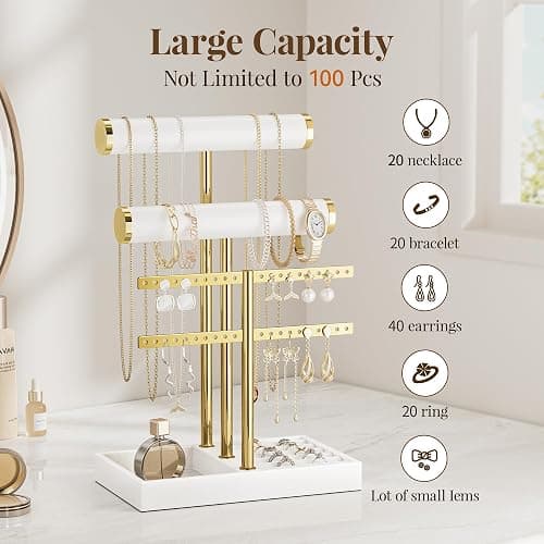 bussdis 3 Tier Bracelet Holder Display - White Leather Bracelet Holder, Detachable T Bar Jewelry Holder Organizer for Bracelet, Necklace, Earrings, Rings, Watches, Bangle thumbnail 4