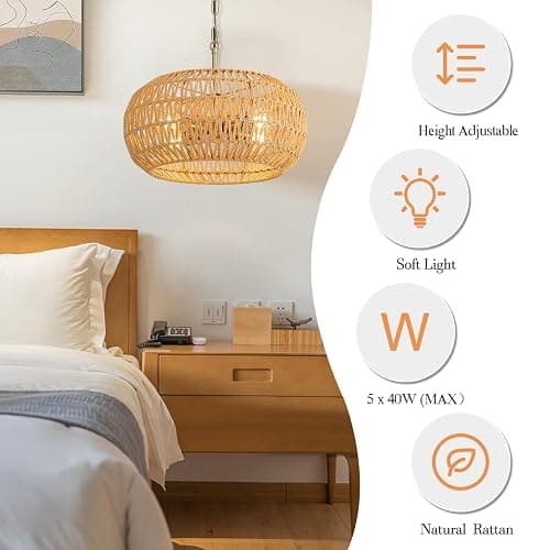 CGXRDK Rattan 4-Lights 17.3-Inch Chandeliers for Dining Room, Elegant Dining Room Light Fixture, Stylish Pendant Lights Kitchen Island thumbnail 2