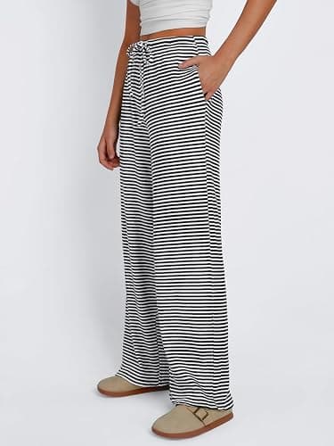 Trendy Queen Womens Striped Ribbed Wide Leg Pants Casual Drawstring Elastic Waist Baggy Sweatpants with Pockets thumbnail 3