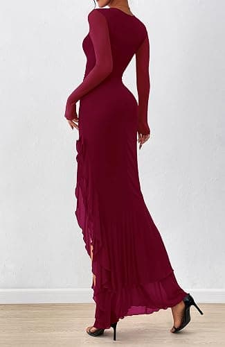 BTFBM Women's Maxi Dresses Spring 2026 Long Sleeve Ruched Bodycon Solid Ruffle Mermaid Cocktail Wedding Guest Dress thumbnail 3