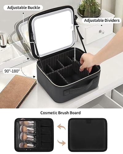 TANTO Makeup Bag With LED Mirror, Travel Makeup Case with Light up Mirror Large Cosmetic Case with 3 Color Lighted Portable Organizer Bag with Adjustable Dividers（Black） thumbnail 6