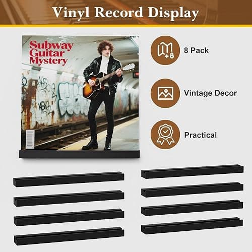 Emfogo Vinyl Record Shelf Wall Mount, 8 Pack Album Record Holder Wall, 12 inch Vinyl Record Storage Shelves Wall, Wood Record Display Black for Living Room thumbnail 8